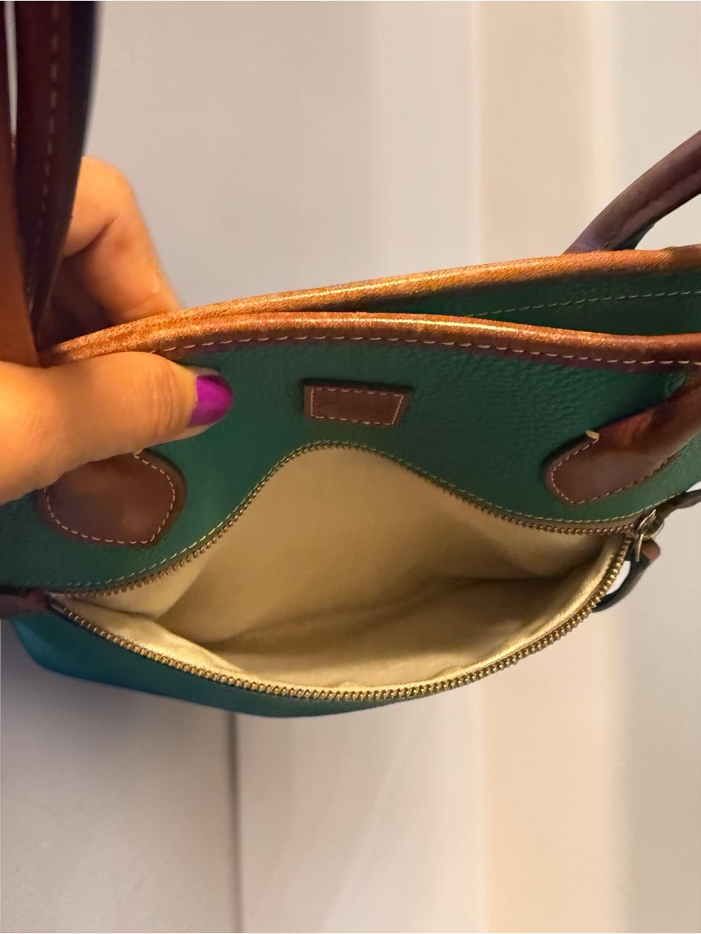 Dooney  and Bourke teal Leather Tote Bag with Brown Trim - Picture 9 of 11
